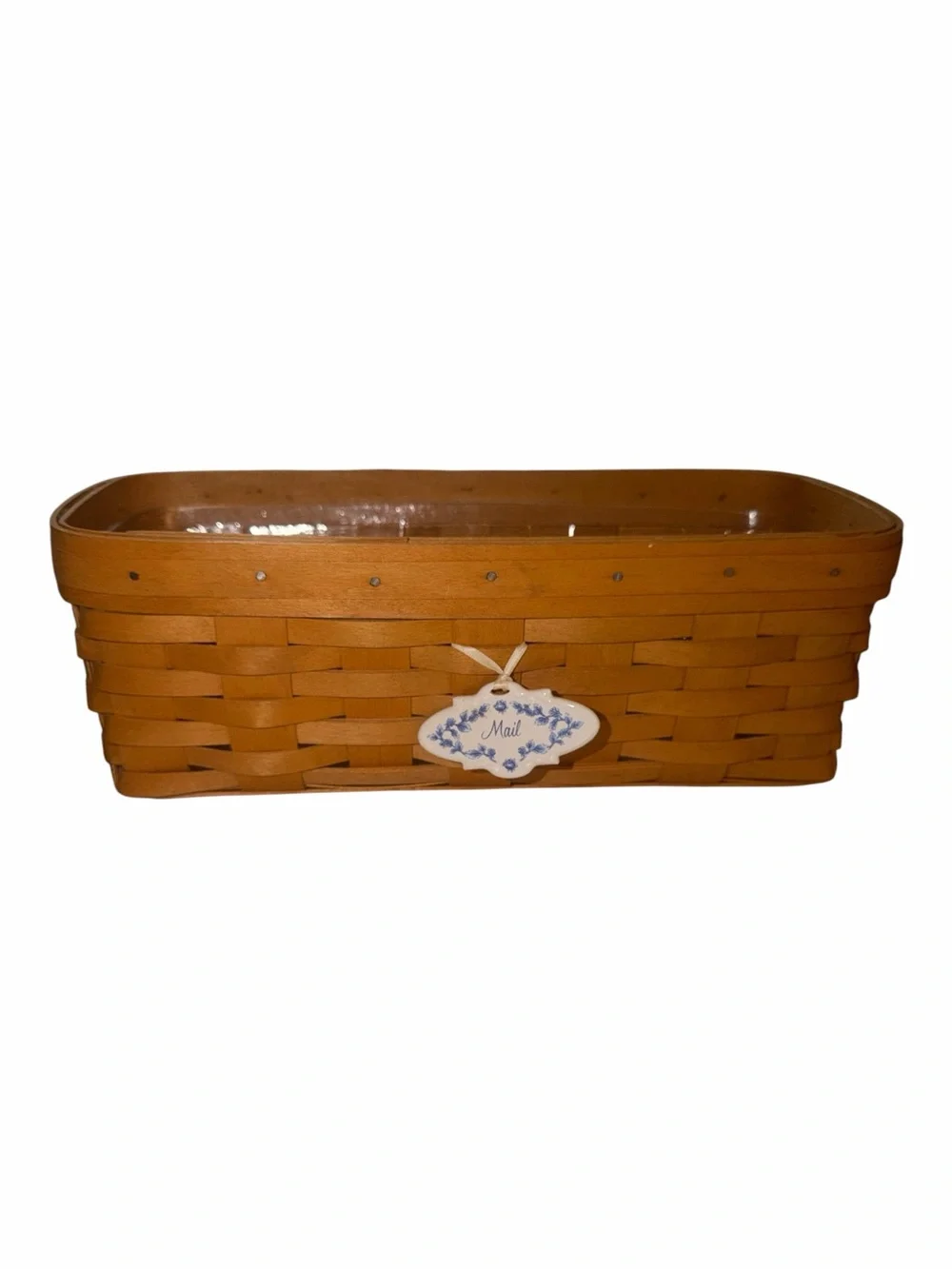 Longaberger Brown Woven Mail Basket with Decorative Ceramic Tag